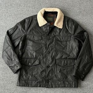 London Fog Jacket Mens Large Black Waxed Canvas Sherpa Collar Lined Heritage